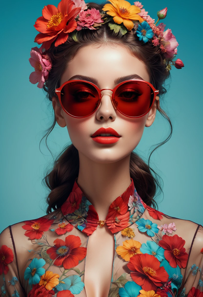 a close up of a woman wearing sunglasses and a flower in her hair, beautiful surreal portrait, aesthetic portrait, realistic colorful photography, beautiful digital artwork, by Alberto Seveso, wadim kashin. ultra realistic, inspired by Alberto Seveso, surrealisme aesthetic, colored photography, girl with glasses, 8k artistic portrait photography, wearing red tainted glasses, (masterpiece, best quality, Professional, perfect composition, very aesthetic, absurdres, ultra-detailed, intricate details:1.3)