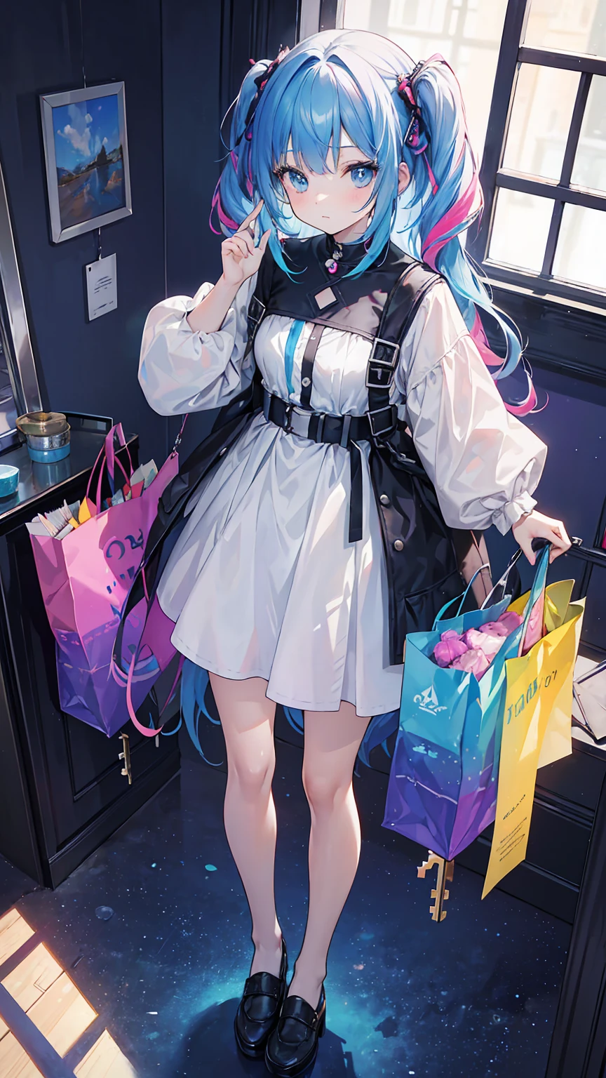 (masterpiece, best quality), (colorful:1.4), from above, solo, 1girl standing at the crossroads of realms, where shadows dance with light and dreams take shape in the blink of an eye, with a bag of keys to unlock the doors of perception and a mirror reflecting infinite possibilities, depth of field, fisheye lens
