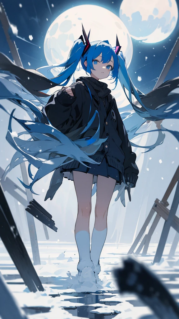 (masterpiece、highest quality)、Short nape hair、1 girl ,Black cardigan、Grim expression、hatsunemiku,Warm lighting、 Blurred foreground、Deep in the night、High Contrast、Twin tails,blue gem eyes,Blue Hair,night,snowing,Heavy snowfall,winter,Alone in the vast snowy field,whole body,curse,Looking at me,Huge construction,moon,whole body