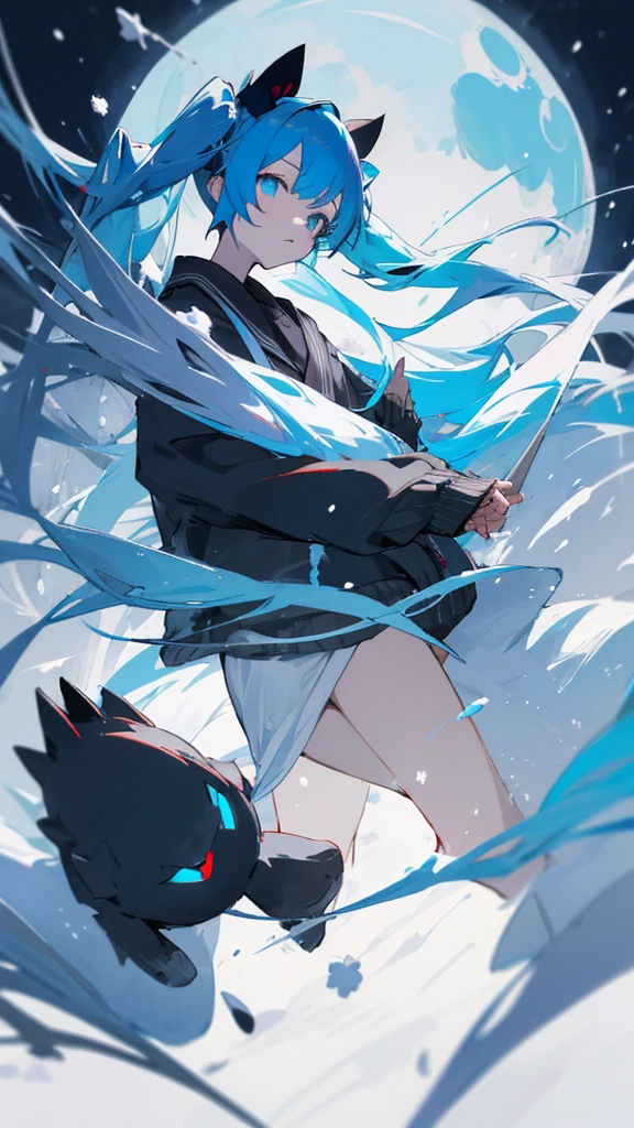 (masterpiece、highest quality)、Short nape hair、1 girl ,Black cardigan、Grim expression、hatsunemiku,Warm lighting、 Blurred foreground、Deep in the night、High Contrast、Twin tails,blue gem eyes,Blue Hair,night,snowing,Heavy snowfall,winter,Alone in the vast snowy field,whole body,curse,Looking at me,Huge construction,moon,whole body