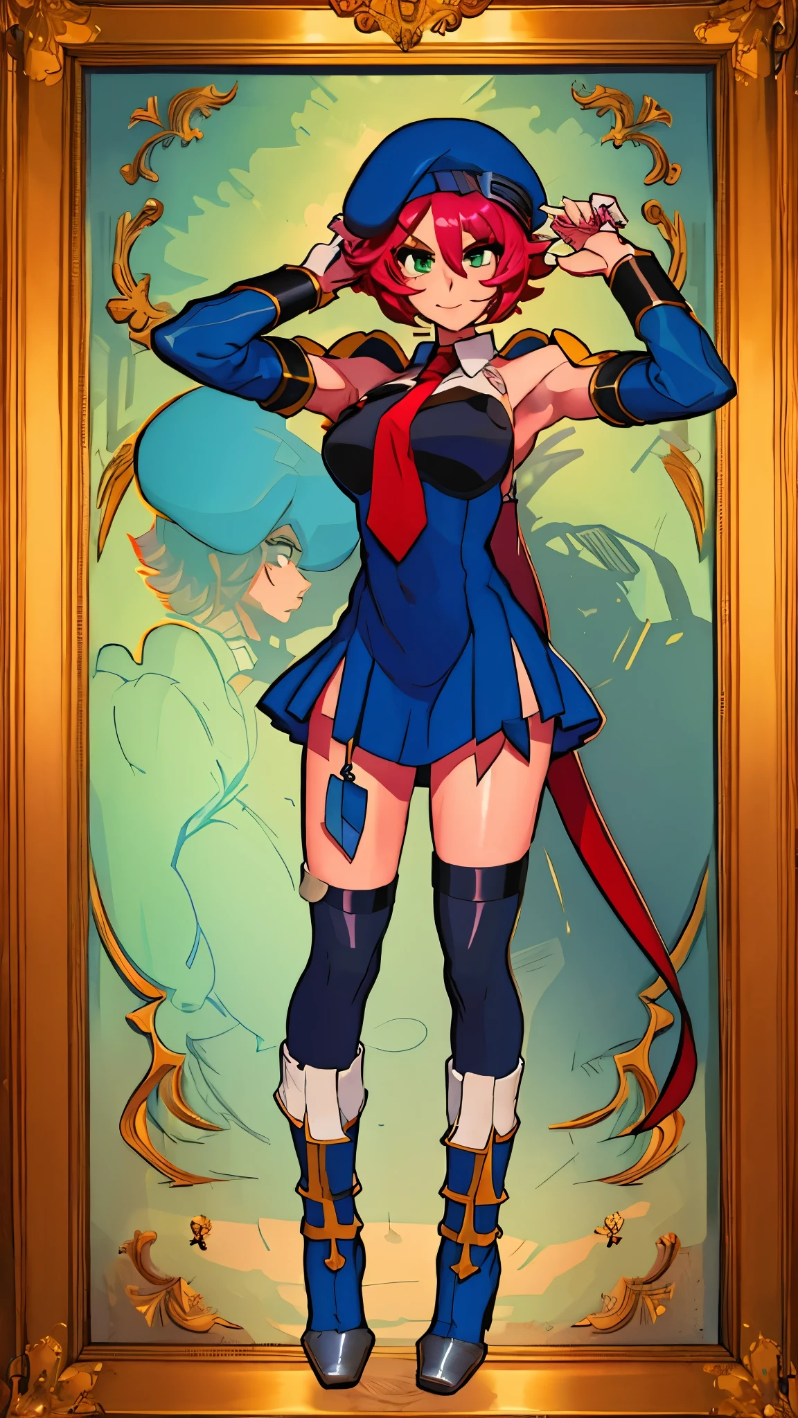 masterpiece, best quality, ultra-detailed, adult Cala 1girl, beret, blue headwear, collared dress, detached sleeves, black thighhighs, armlet, red necktie, short necktie, framed breast, short dress, large breasts, bracelet, full body, smiling, red hair, spiky hair, full body, looking at the viewer, female focus, green eyes