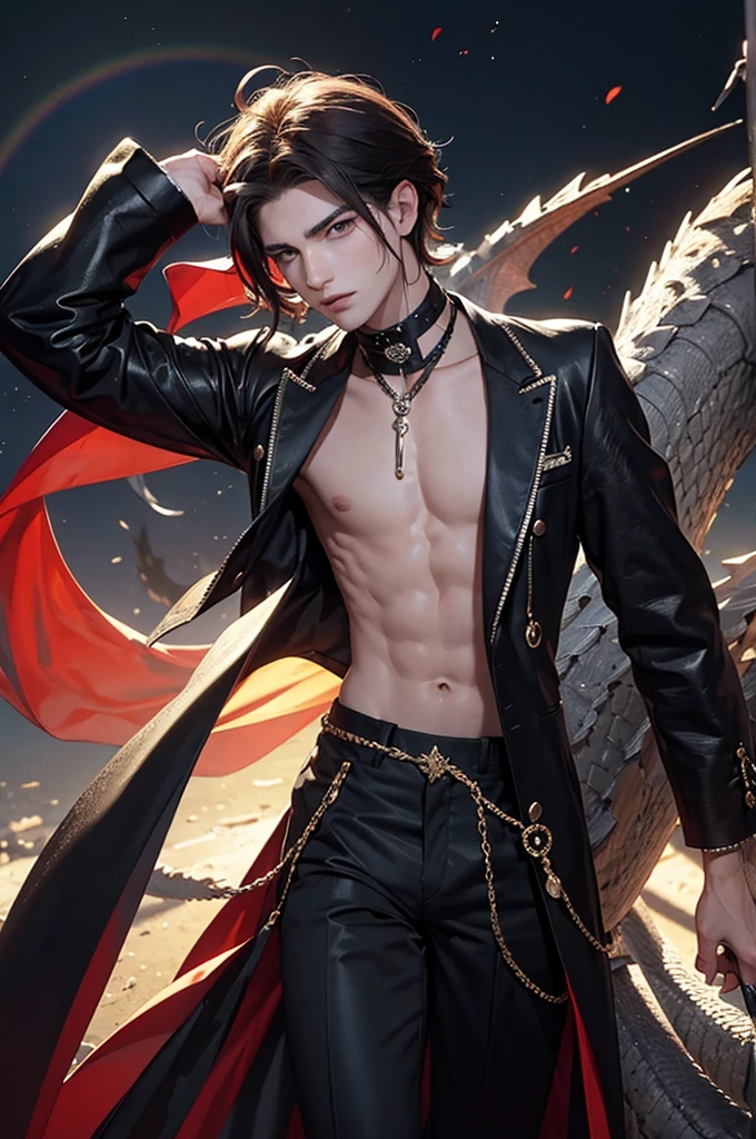 Jeune homme, effeminate face, dragon, cheveux arc en ciel, yeux noir, vetement morden