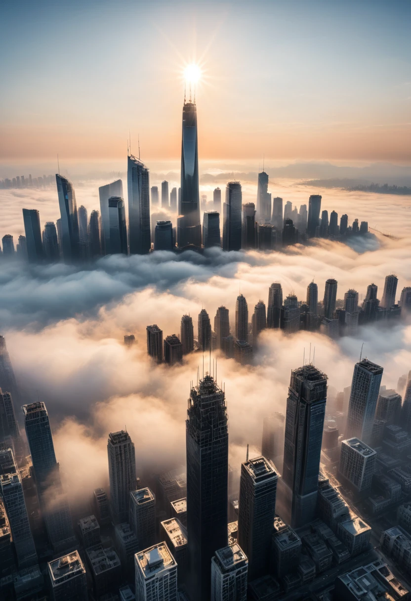RAW photo, best quality, cinematic film still, From a fog engulfing a city, glistening skyscrapers reach towards the sun. They rise above the fog, reflecting the morning sun, (masterpiece, best quality, Professional, perfect composition, very aesthetic, absurdres, ultra-detailed, intricate details:1.3)