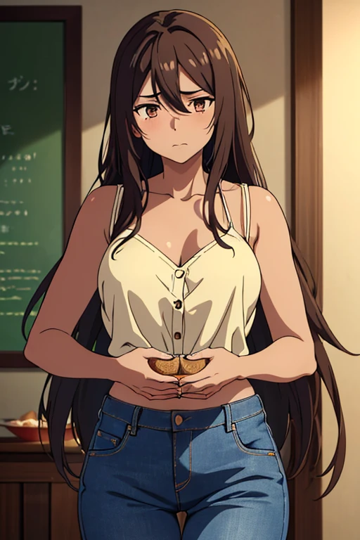 ((best quality)), ((masterpiece)), (detailed), perfect face, brown skin anime girl in a deep V Neck button up cami top, (jeans trousers), famished in hunger, (gently resting hands on stomach), (long hair), (hands on her stomach), (embarrassed expression)