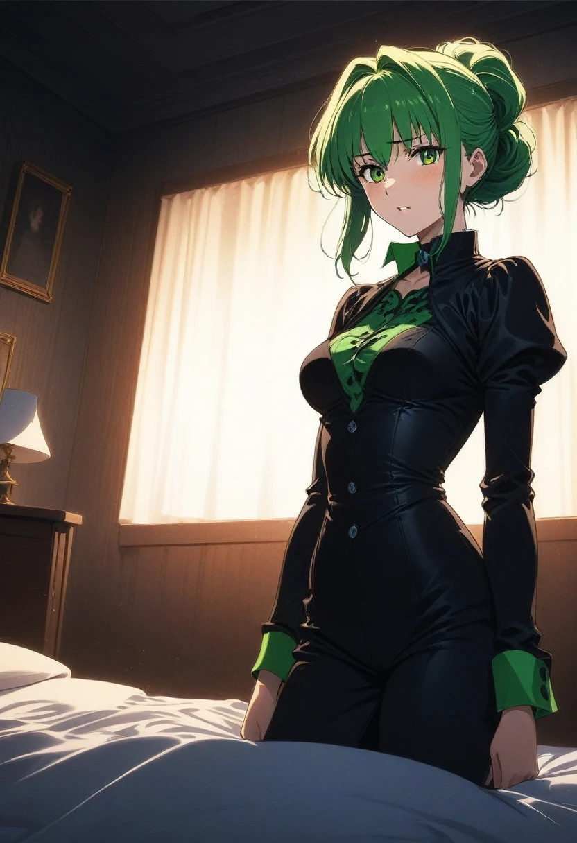 Best quality, amazing quality, very aesthetic, absurdity, 1 girl, Know, fate/stay the night, 1 girl, Know, fate/stay the night, , (official art by the artist:1.5), green eyes, cinematic light, , bed, jitime, language, (wicked:0.7)