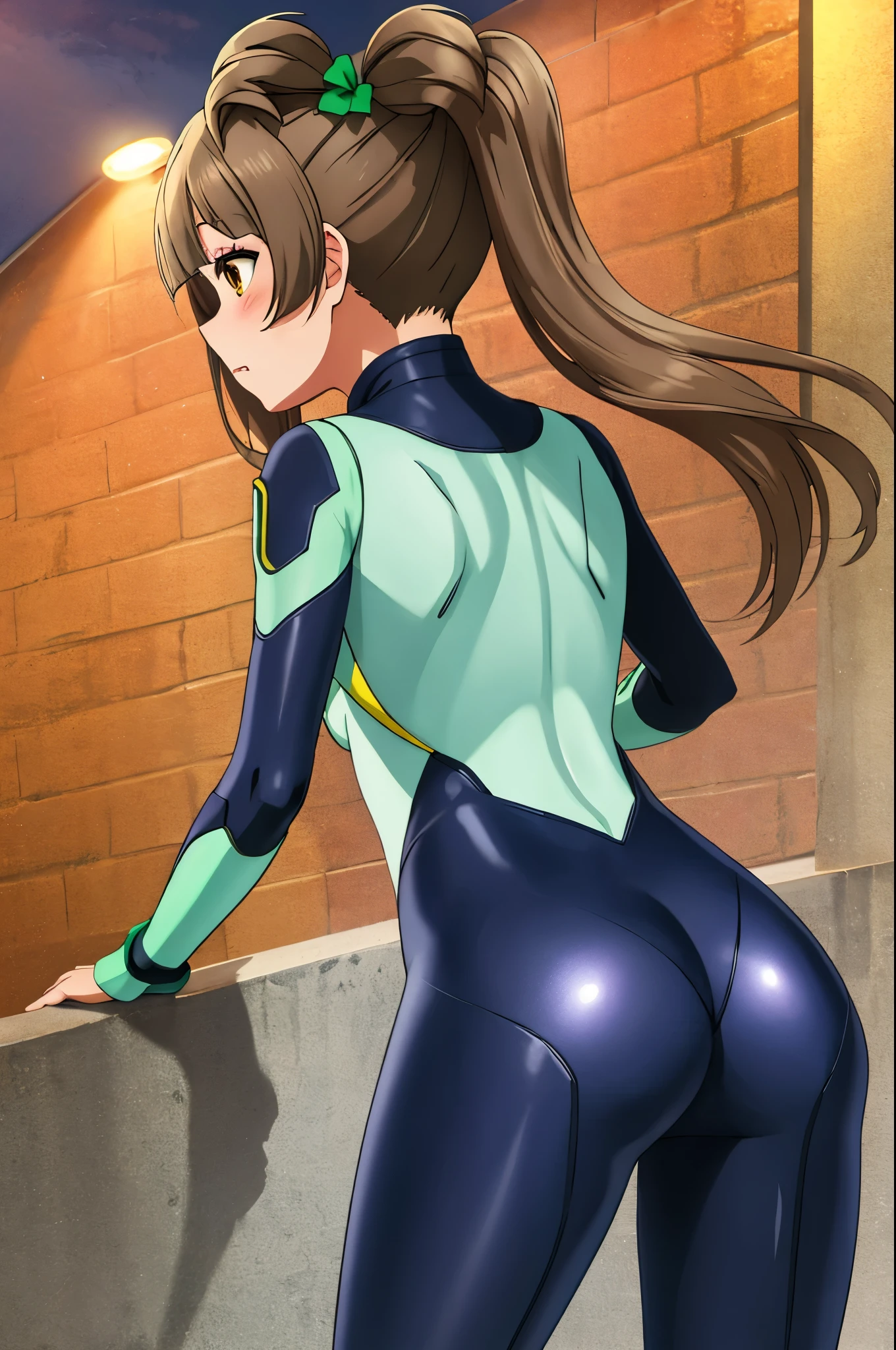 Masterpiece, best quality,Minami kotori, solo, long hair, ponytail, bodysuit, from behind, wince,ass