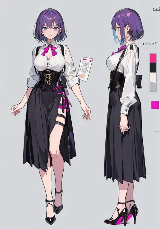 Purple hair,Short hair,Adult female,Bartender,((Body harness)),((Rolling up your sleeves shirt)),(Corset),((Skirt)),High heels,((Simple background)),Smile,((Full body)),((whole body)),Character Sheet,