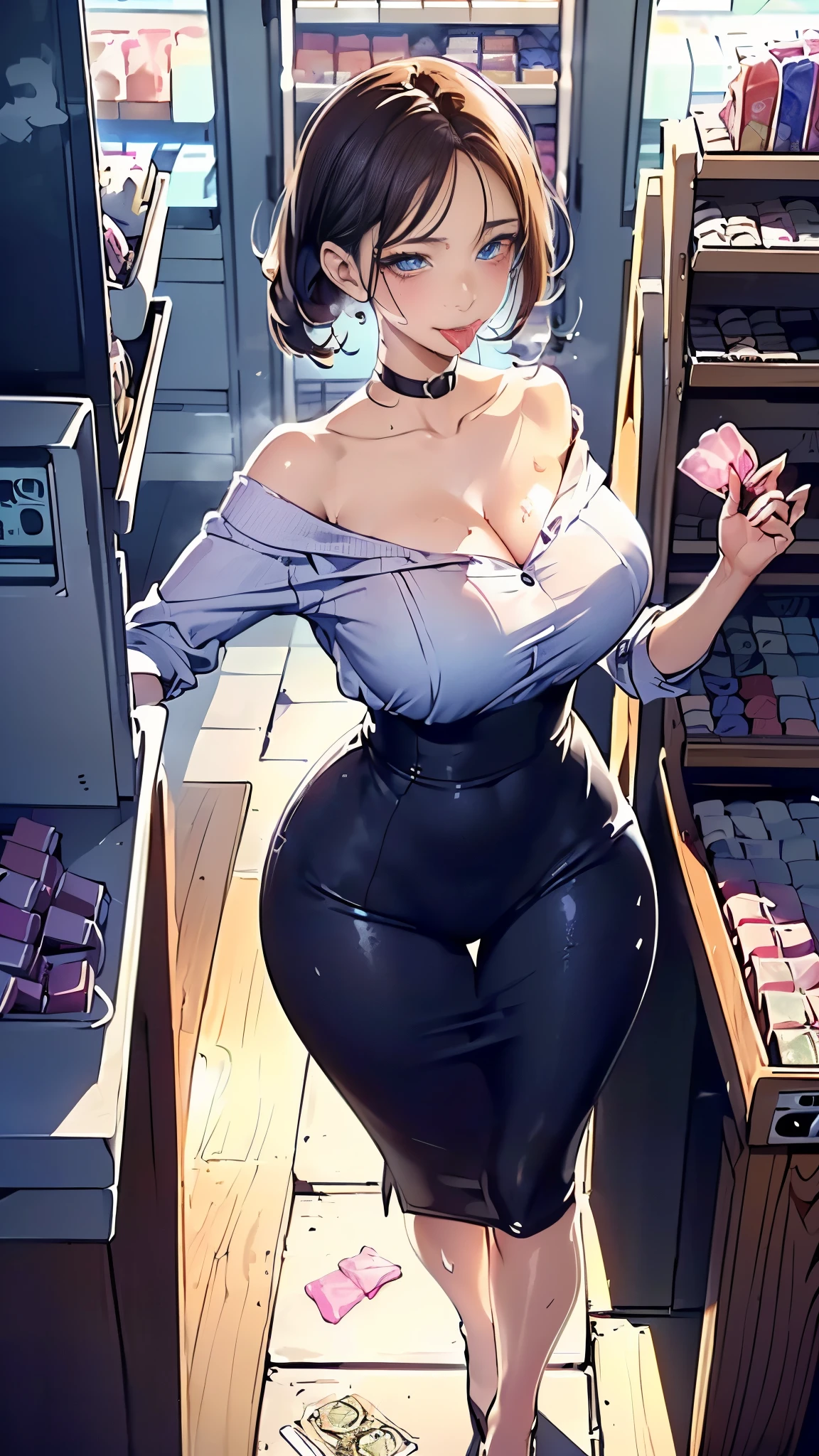 (Oily skin、Glowing Skin、Realistic skin texture、Detailed beautiful skin、Shiny skin、Shiny skin)、
、Written boundary depth、Focus on the center、Fine grain、Perfect face and eyes、(betch face:1.3、netorare eye:1.5)、
(A girl standing in front of a white cash register:1.5)
A convenience store with many products lined up on the shelves、((Large Breasts))、Detailed Background、Detailed people、Oversized off-the-shoulder shirt、Large Breasts Cleavage、Standing shyly、(((Woman buys 10 boxes of condoms at the checkout counter)))、(((steam、sweat))、(Licking tongue)、A woman being held by a large man、1 Girl、1 Boy, Hetero、Couple