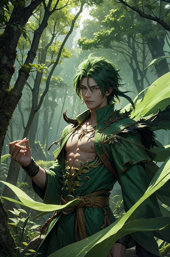 Green dragon man, forest, mountain, flower, light