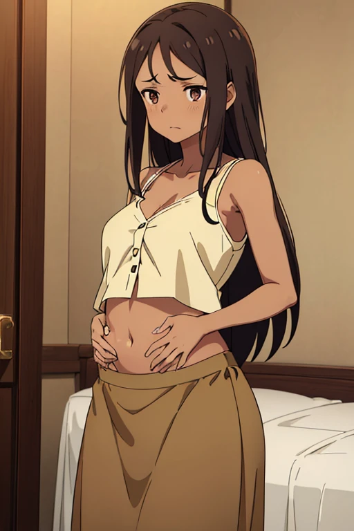 ((best quality)), ((masterpiece)), (detailed), perfect face, brown skin anime girl in a deep V Neck button up cami top, (long skirt), famished in hunger, (gently resting hands on stomach), (long hair), (hands on her stomach), (embarrassed expression)