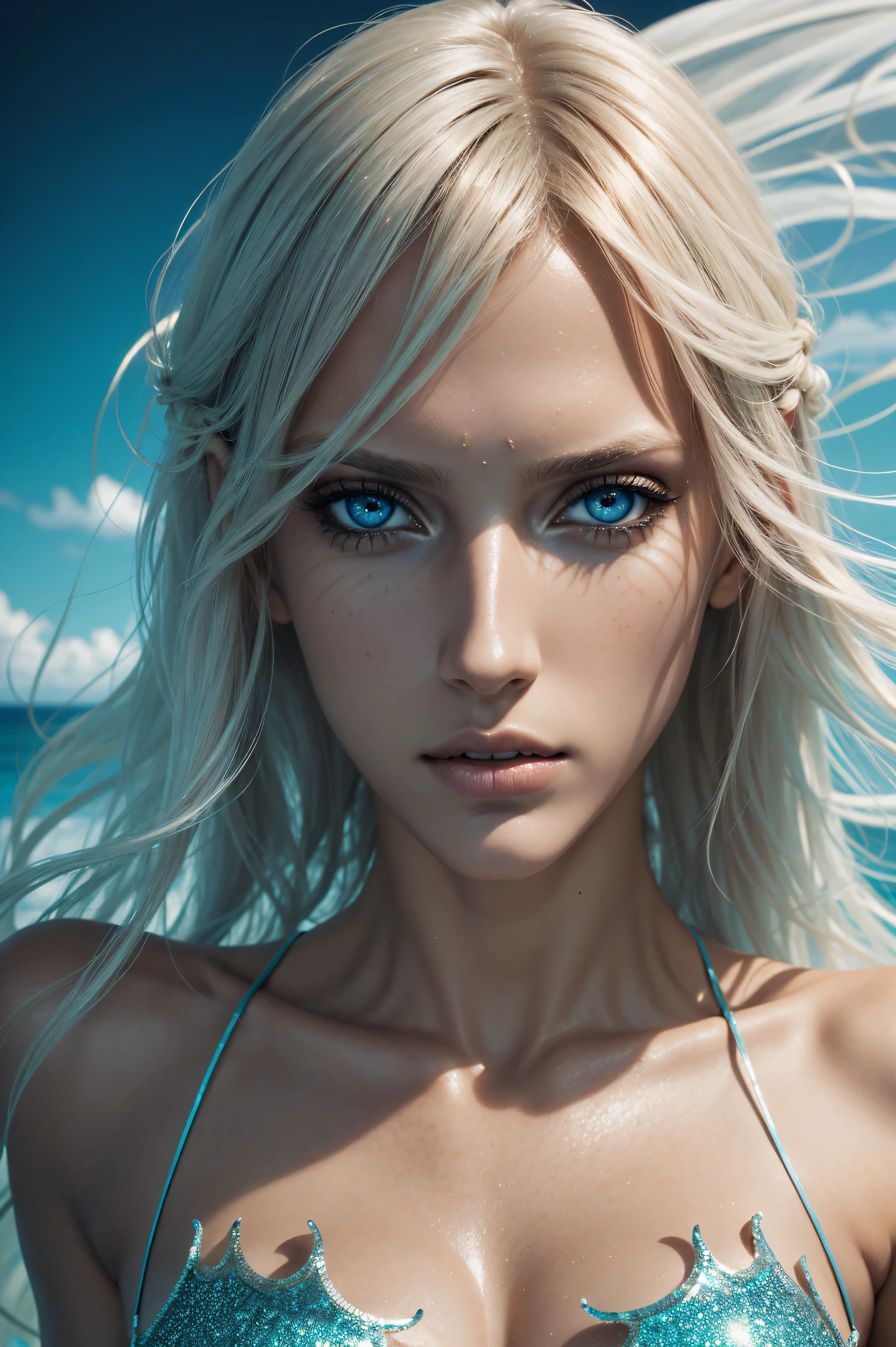 Anja Rubik, wearing mermaid costume transparent. professionally retouched, soft lighting, realistic, smooth face, perfect eyes, sharp focus on eyes, 8 k, high definition, insanely detailed, intricate, elegant. against the background of the ocean.
