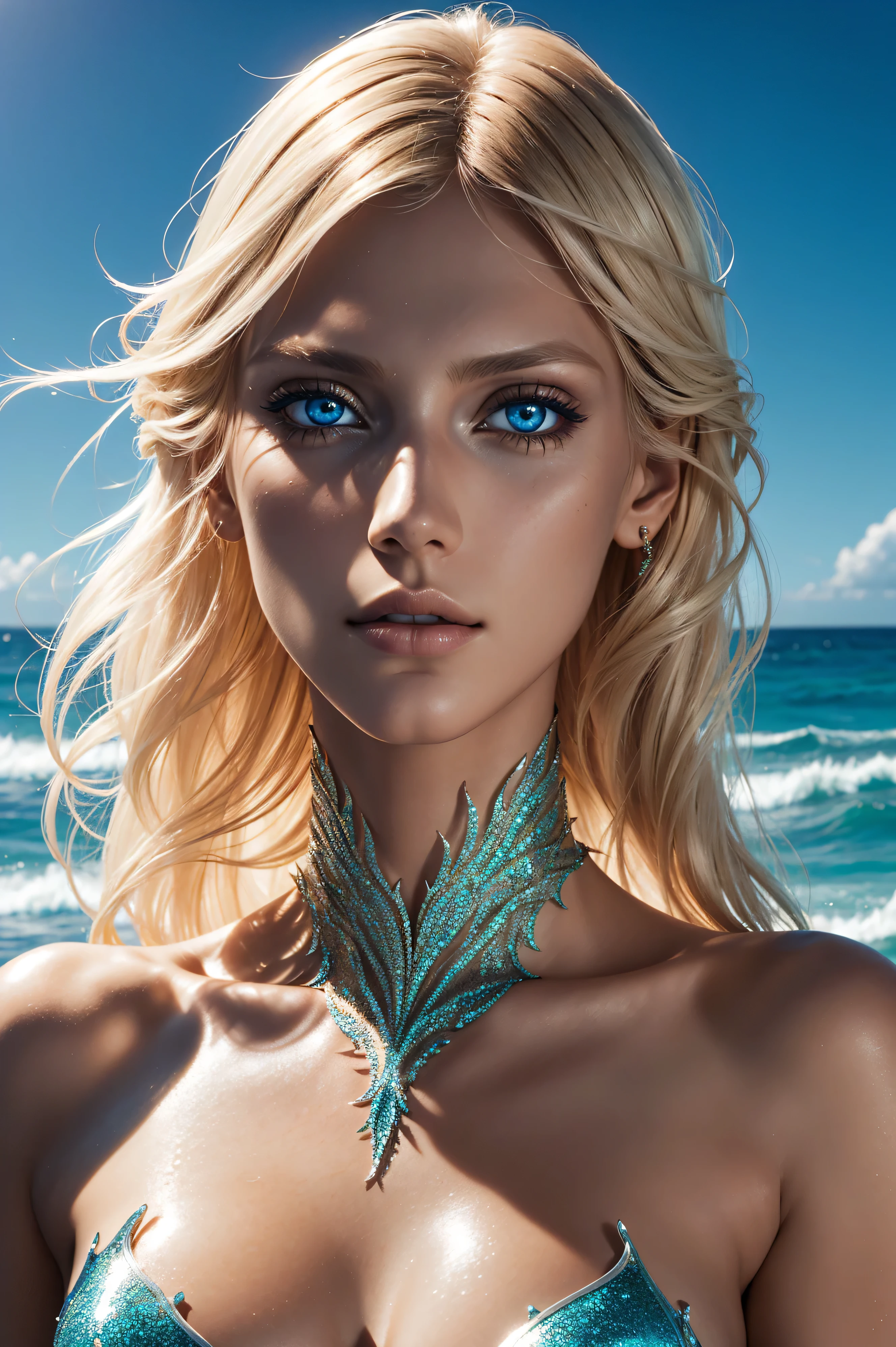Anja Rubik, wearing mermaid costume transparent. professionally retouched, soft lighting, realistic, smooth face, perfect eyes, sharp focus on eyes, 8 k, high definition, insanely detailed, intricate, elegant. against the background of the ocean.
