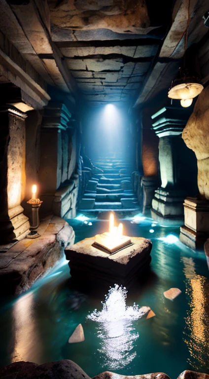 （Ancient underground style：1）There are secret rooms in ancient tombs，There is a stone table in the middle，Above the stone table is a book floating，glowing，seawater，cave，