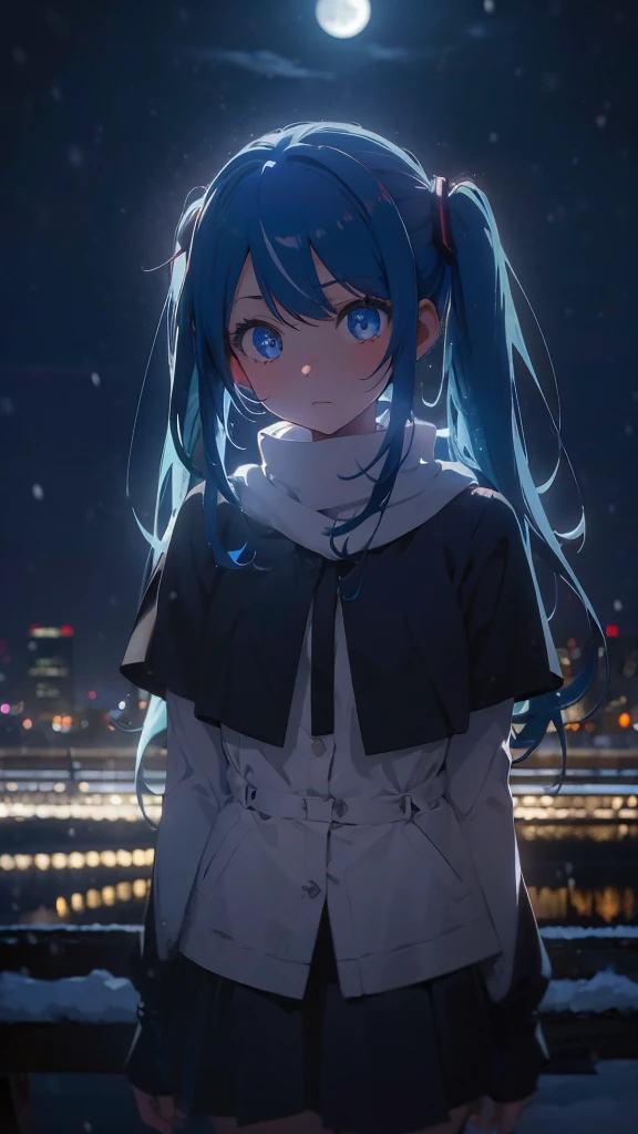 (masterpiece、highest quality)、1 girl ,Grim expression、hatsunemiku,Warm lighting、 Blurred foreground、Deep in the night、High Contrast、Twin tails,blue gem eyes,Blue Hair,night,snowing,Heavy snowfall,winter,Alone in the vast snowy field,whole body,curse,Looking at me,Huge construction,moon,whole body