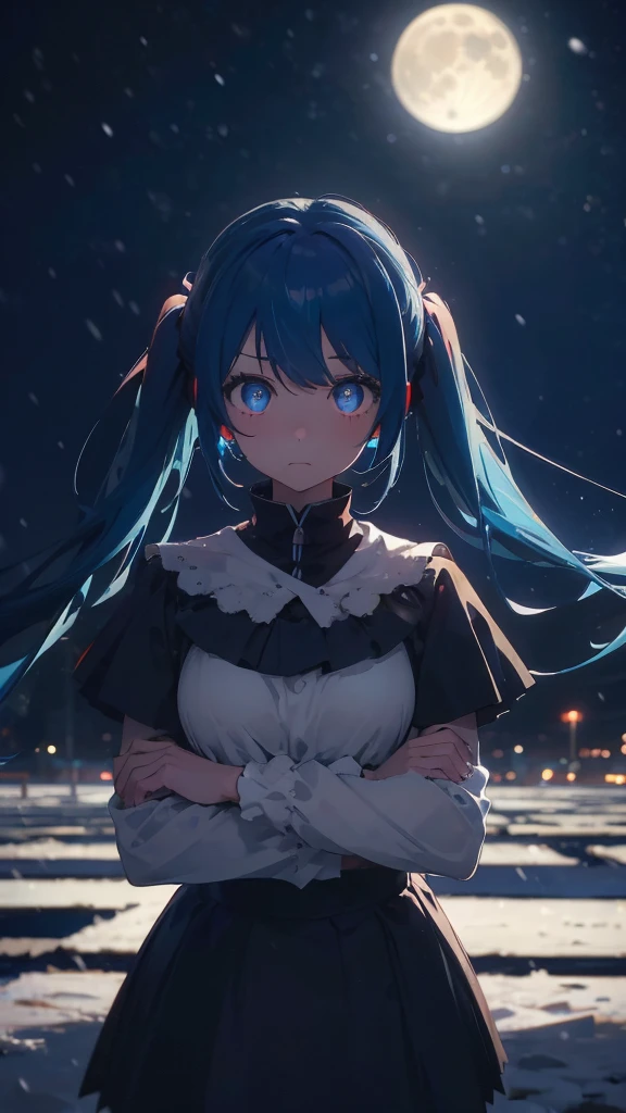 (masterpiece、highest quality)、1 girl ,Grim expression、hatsunemiku,Warm lighting、 Blurred foreground、Deep in the night、High Contrast、Twin tails,blue gem eyes,Blue Hair,night,snowing,Heavy snowfall,winter,Alone in the vast snowy field,whole body,curse,Looking at me,Huge construction,moon,whole body