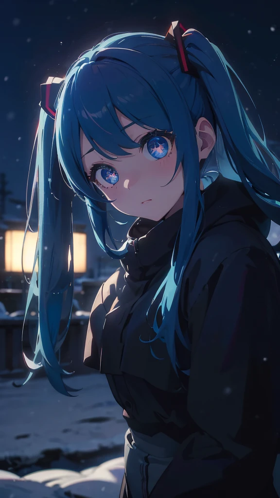 (masterpiece、highest quality)、1 girl ,Grim expression、hatsunemiku,Warm lighting、 Blurred foreground、Deep in the night、High Contrast、Twin tails,blue gem eyes,Blue Hair,night,snowing,Heavy snowfall,winter,Alone in the vast snowy field,whole body,curse,Looking at me,Huge construction,moon,whole body