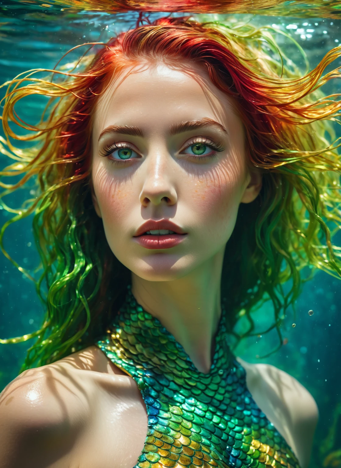 Frontal portrait of an extravagant and colorful woman who resembles a mermaid. Fair skin, young features, wide-open eyes and delicate freckles on the nose and cheeks. Vibrant, gravity-defying hair in shades of gold, green and red. Her hair transforms into aquatic flora, creating an underwater illusion. Small particles floating around the head contribute to the surreal theme of mysterious contemplation. professional color grading, soft shadows, no contrast, clean and sharp focus, film photography –q 2 –s 750; in the style of Andrew Atroshenko, Peter Gric, in neon colors, official art, best quality, highly detailed, dynamic, shiny, metallic, energy waves, explosions, lights.”