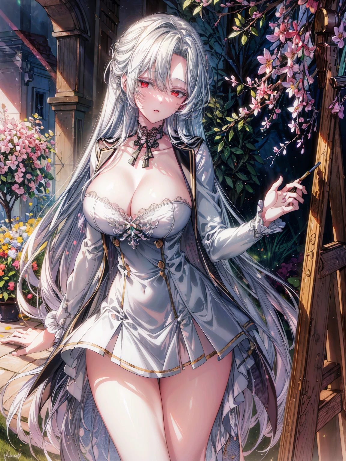 (highres, realistic),(HDR, vivid colors, studio lighting),
(Raviel Ivansia),big breast, detailed eyes and face, beautiful detailed lips,
(wearing:1.1)a grey blazer,(wearing:1.1)a white shirt,(wearing)green skirt and stockings,
(standing in)beautiful garden, (with:0.9)colorful flowers, (under:0.9)soft sunlight,
(holding)an artist's palette and brushes, (painting)an exquisite landscape,
(surrounded by)inspiring art supplies, (with:1.1)an easel and canvas,
(focused on)creating a masterpiece, (in the style of)impressionist art,
(featuring)bold brushstrokes, expressive colors, and vibrant textures.