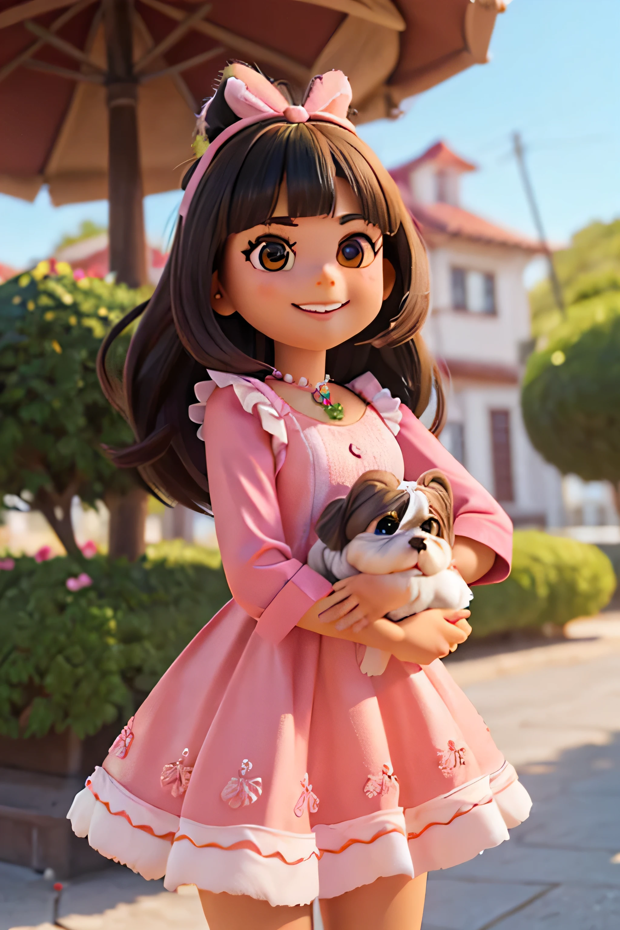 (mulher sorrindo), (cabelo ruivo) (cabelo rabo de cavalo), (pink bow), (vestido rosa), (mulher ocidental), (shih tzu branco ao lado)