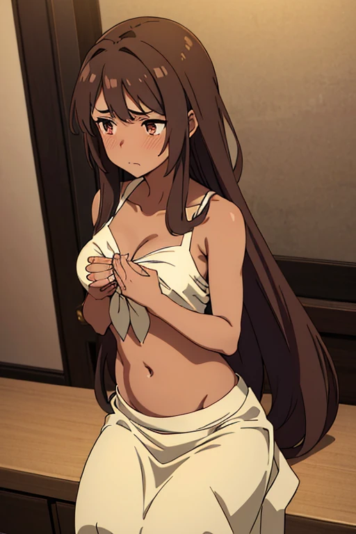 ((best quality)), ((masterpiece)), (detailed), perfect face, brown skin anime girl in a deep V Neck front-tie top, (bare shoulders), (long skirt), famished in hunger, (gently resting hands on stomach), (long hair), (hands on her stomach), (embarrassed expression)
