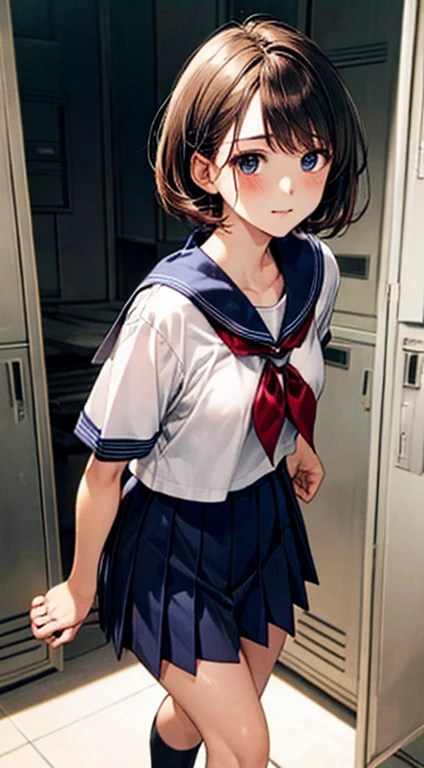 (((perfect anatomy, anatomically correct, super dense skin))), 1 girl, Japanese, high School girl, shiny skin, looking at the viewer, Rear view: 0.7, Low - Angle,
beautiful hair, beautiful face, detailed and beautiful eyes, (short hair:1.1, bob cut:1.2), dark blonde hair:1, blue eyes, baby face, mole under eye,
beautiful clavicle, beautiful body, beautiful breasts, big breasts:0.5, beautiful thighs, beautiful feet,
((short sleeve, All dark blue cute sailor suit, dark blue pleated skirt, Navy blue sailor collar, sailor scarf, socks, brown loafers)), seductive thighs, (Red Slave Collar),
((, embarrassing, , , )), Are standing, ((undressing, pull panties)),
(beautiful scenery), summer, School, locker room,
8k, highest quality, masterpiece:1.2, very detailed), (realistic), beautiful illustrations, Natural light, ,