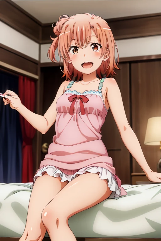 ((highest quality)), ((masterpiece)), (be familiar with), Perfect Face, indoor, Bedroom, Watching the audience,
One woman, Yuigahama Yui,
Open Mouth, Ecstatic expression, blush, smile,
Small breasts, Flat Chest, Young Girl, , , Girl,
Short Hair, Salmon-colored hair, Salmon-colored eyes, Side Pony,
Leg spread,