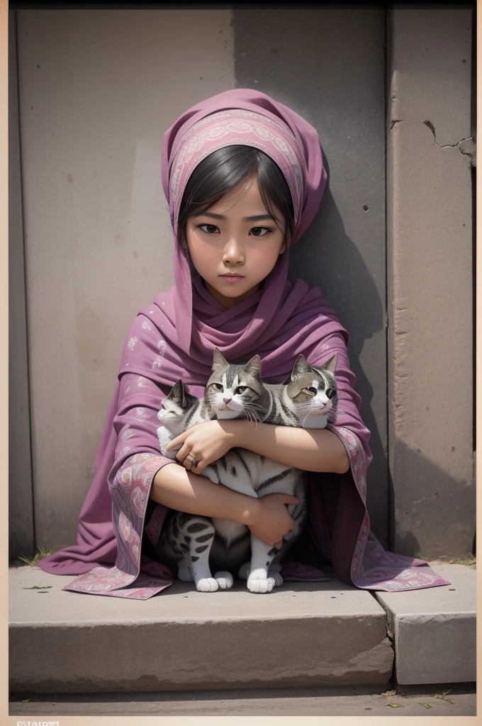Photographing a Malay girl wearing a headscarf with a group of miniature companions, Showing her collaboration with advanced technology