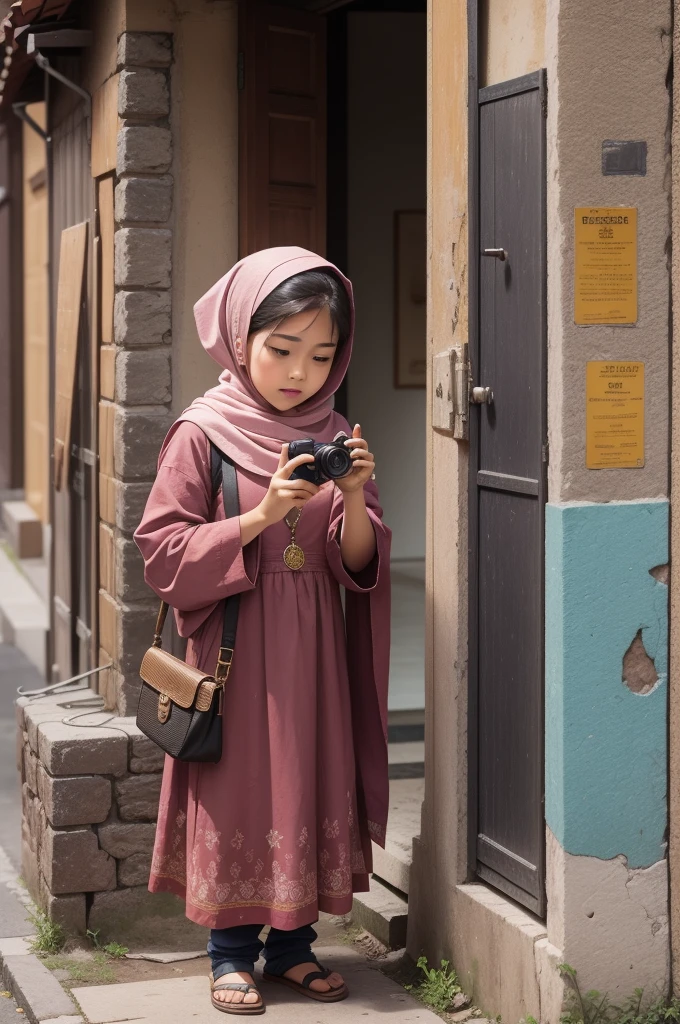 ((girl southeast asia, Indonesian girl)1girl, wearing long black abayas),background at the door is going into the house