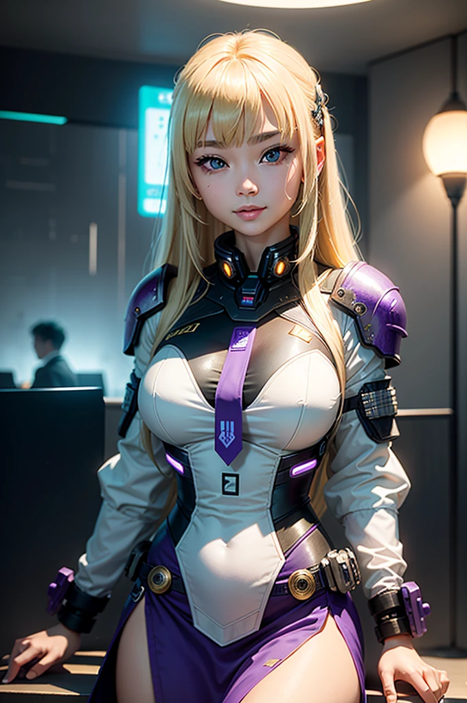 girl ,Asian faces,blond hair,With bangs,tie hair ,Big green eyes ,looking into camera with smile ,Second Dimension,她穿着厚重的Science Fiction白色盔甲,The lamp on the armor is purple ,Set against the backdrop of the ruins of a future war,There are also spaceships in the sky 。During the day,Background,Movie Feel,Cyberpunk characters,Science Fiction,lifelike,masterpiece。