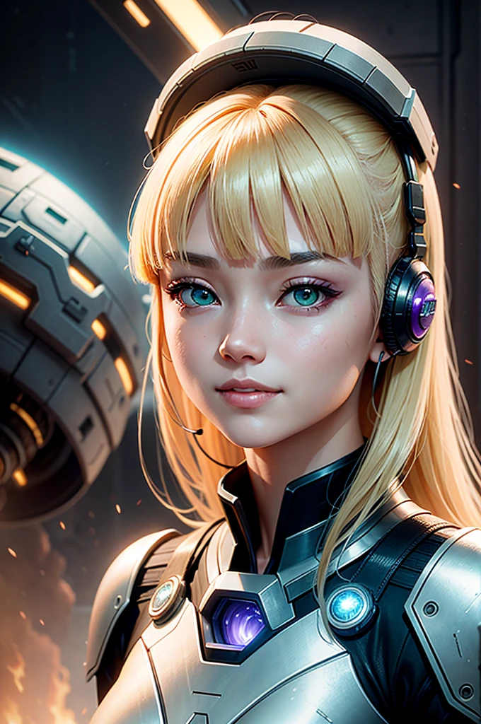 girl ，Asian faces，blond hair，With bangs，tie hair ，Big green eyes ，looking into camera with smile  ，Second Dimension，她穿着厚重的Science Fiction白色盔甲，The lamp on the armor is purple ，Set against the backdrop of the ruins of a future war，There are also spaceships in the sky 。During the day，Background，Movie Feel，Cyberpunk characters，Science Fiction，lifelike，masterpiece。