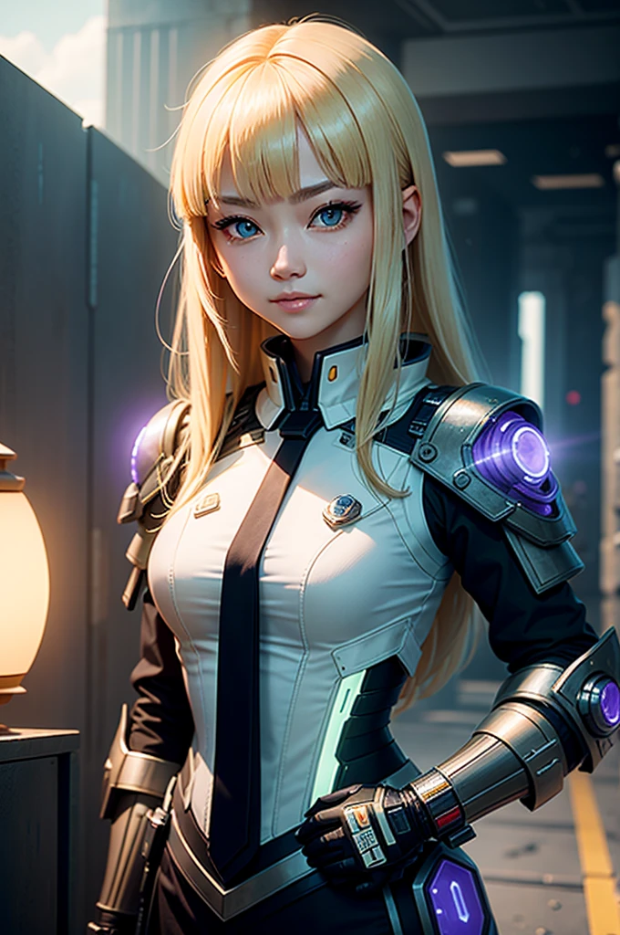 girl ,Asian faces,blond hair,With bangs,tie hair ,Big green eyes ,looking into camera with smile ,Second Dimension,她穿着厚重的Science Fiction白色盔甲,The lamp on the armor is purple ,Set against the backdrop of the ruins of a future war,There are also spaceships in the sky 。During the day,Background,Movie Feel,Cyberpunk characters,Science Fiction,lifelike,masterpiece。
