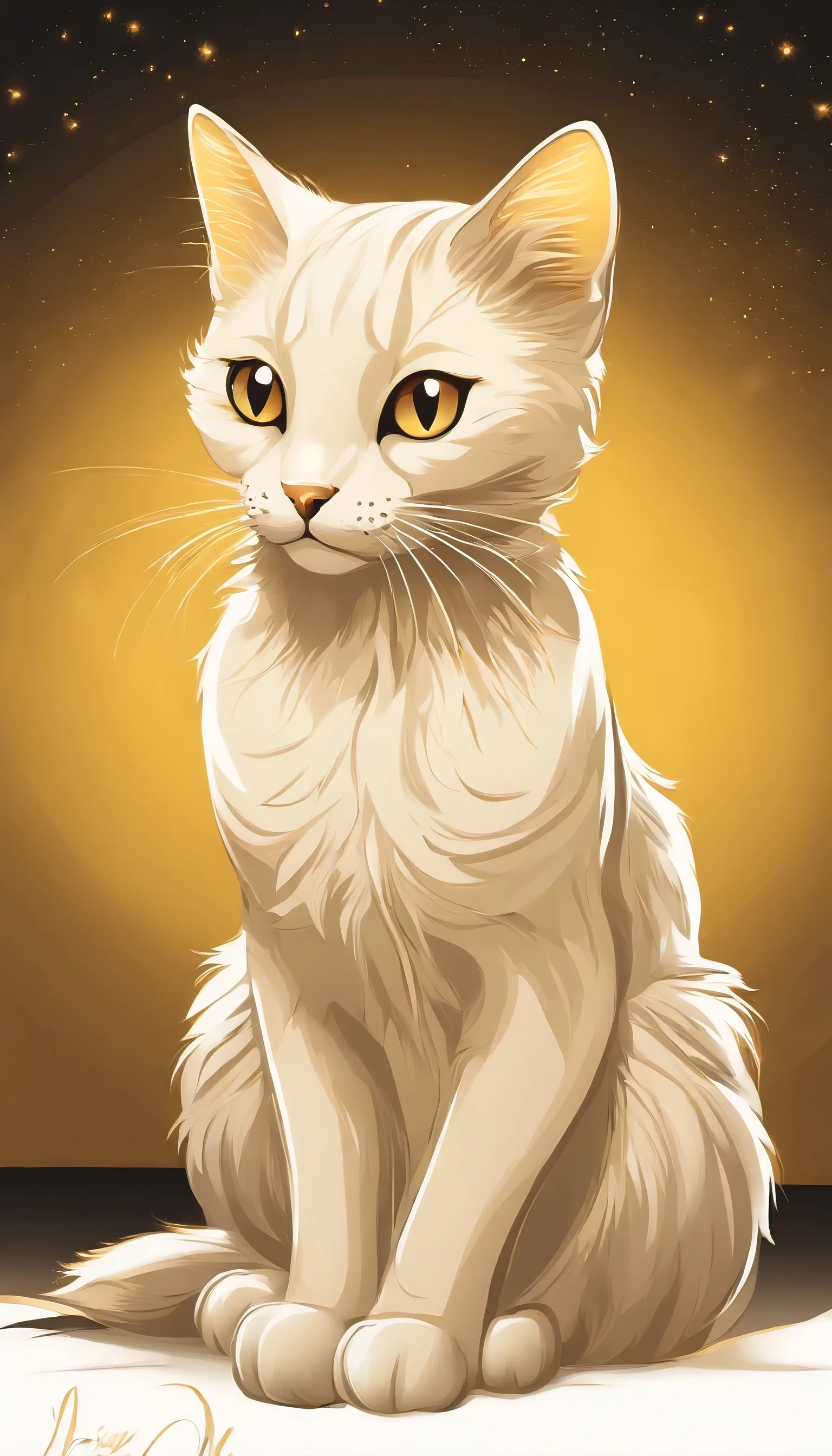 An exquisitely minimalist illustration of a chibi anime-style cat rendered in vivid golden yellow hues. The cat's fluffy and cuddly appearance is emphasized by the delicate lines, capturing its charm and grace. The subtle shimmer on the scales adds a touch of mystique. The ultra-black background accentuates the vibrant yellow hues, creating a striking contrast that draws viewers into the artwork. The precision of each stroke imbues the cat with a sense of elegance, making it perfect for a cinematic scene and adding a touch of sophistication to any space.