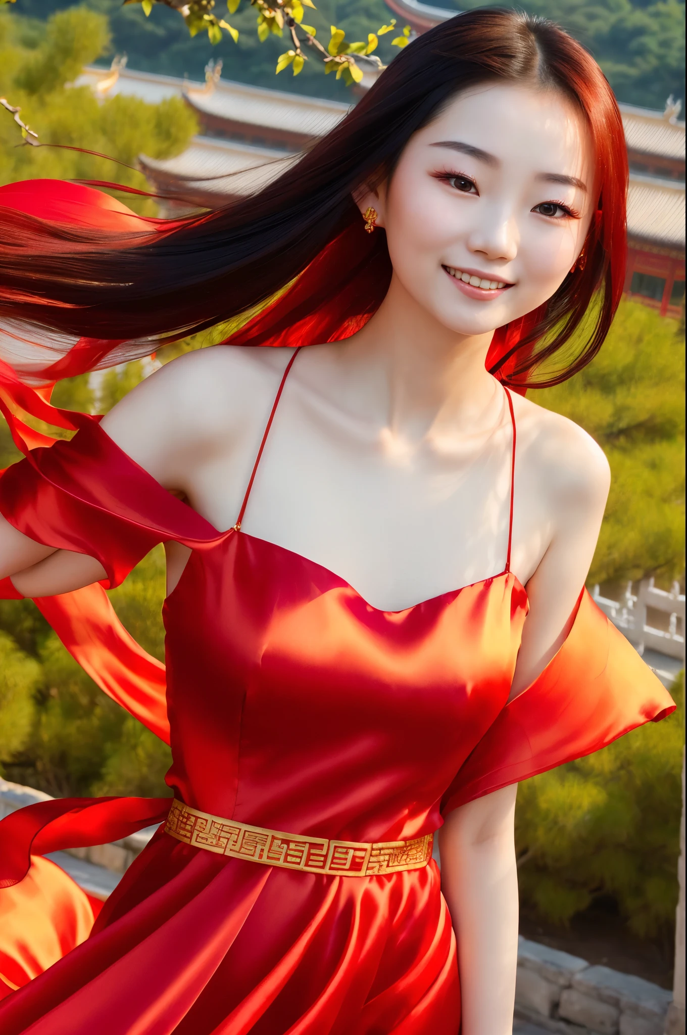 Beautiful Chinese girl,
((woman: 1.3)),
((wearing: 1.2)),
((flowing silk red dress: 1.3)),
((radiant smile: 1.2)),
((pale skin: 1.1)),
((delicate features: 1.2)),
((graceful posture: 1.2)),
((wind blowing through her hair: 1.2)),
((peaceful expression: 1.2)),
Face:
(((cute Chinese girl: 1.3))),
(((beautiful face: 1.3))),