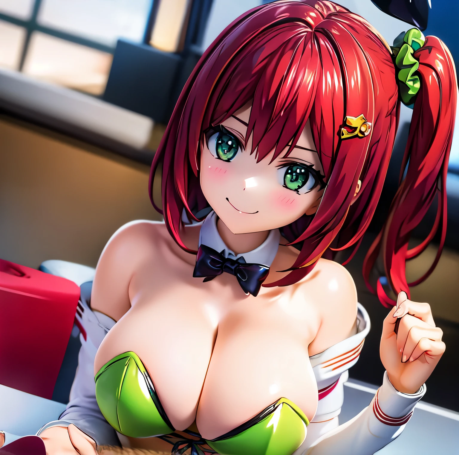 best quality, masterpiece, extremely detailed CG, official art , professional lighting, sakimiyairuka, red hair, green eyes,(one side up), medium hair, side ponytail, green scrunchie, hair ornament, shiny skin, smile, playboy bunny, black pantyhose, bowtie, wrist cuffs, casino