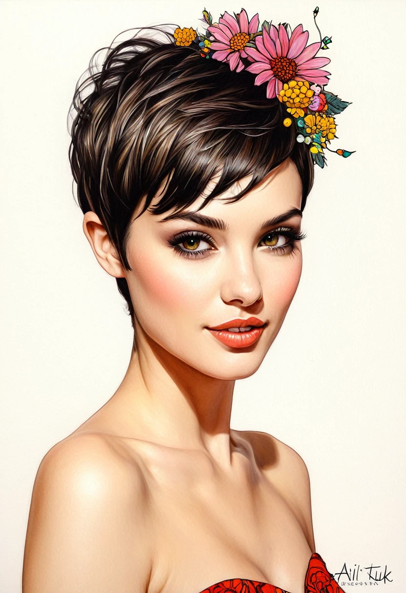 crea una mujer de pelo corto pixie, flores, obra maestra, estilo ilustracion de Ali Erturk, alto detalle, hiperrealista, luz natural,ilustracion , colores llamativos