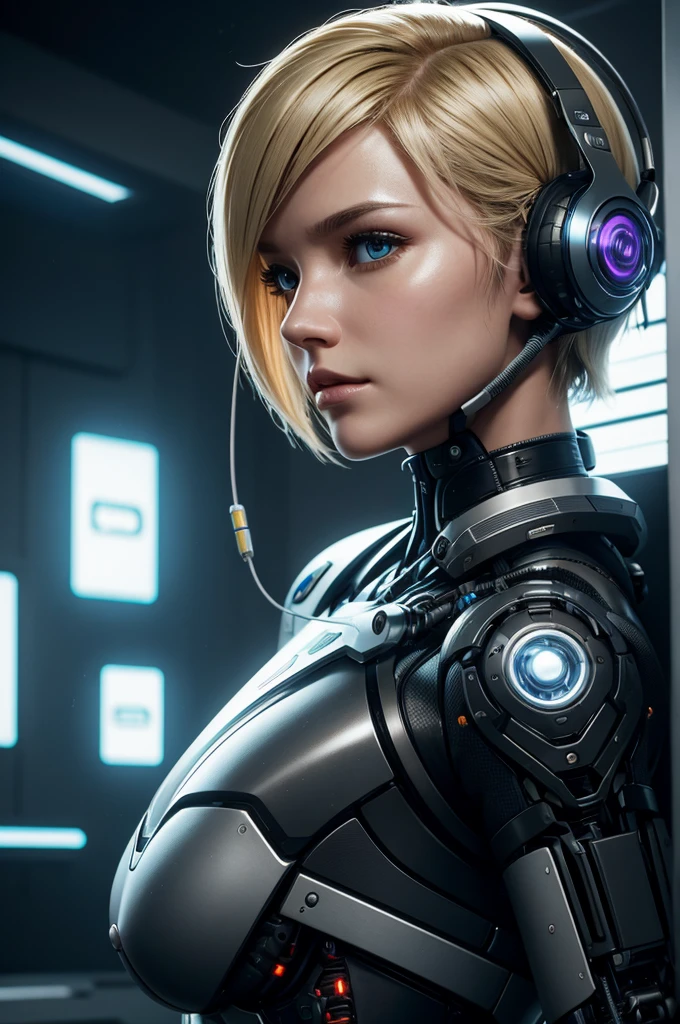 Intelligent bionic robot、woman、Component、Cable and wire chip、Bright studio、Surrealism、high detail、Intricate details、Soft Light、Rim Light、Octane Rendering、Unreal Engine 5 Renderechanical Public Enemy Style、8k、Top quality、masterpiece、Low ISO、White Balance、High-Key Lighting、Shallow depth of field creates a soft and elegant feel,Ultra-high resolution,Breast enlargement machine,Cyberpunk,Blonde Short Bob,