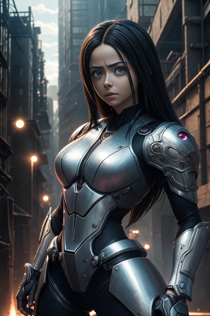 masterpiece , Surreal, HDR, Alita , cinematic character , movie pictures, woman, Steel market background,8k