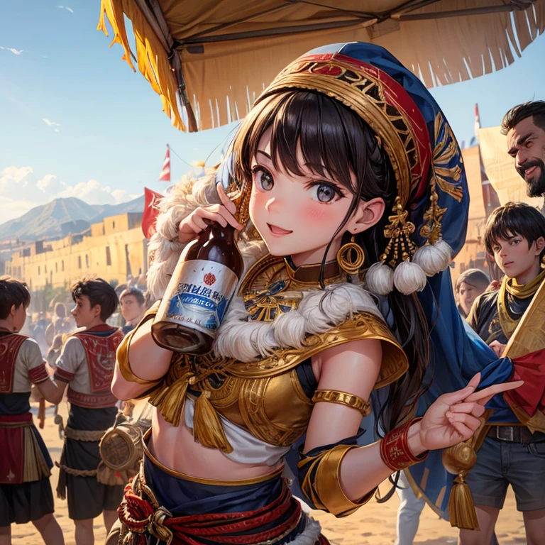 Beer bottle over traditional cavalcades between Moros and Christians