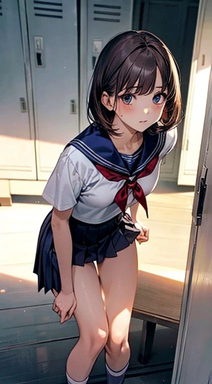 (((perfect anatomy, anatomically correct, super dense skin))), 1 girl, Japanese, high School girl, shiny skin, looking at the viewer, Rear view: 0.7, Low - Angle, 
beautiful hair, beautiful face, detailed and beautiful eyes, (short hair:1.1, bob cut:1.2), dark blonde hair:1, blue eyes, baby face, mole under eye, 
beautiful clavicle, beautiful body, beautiful breasts, big breasts:0.5, beautiful thighs, beautiful feet, 
((short sleeve, All dark blue cute sailor suit, dark blue pleated skirt, Navy blue sailor collar, sailor scarf, socks, brown loafers)), seductive thighs, (Red Slave Collar), 
((, embarrassing, , , )), Are standing, ((undressing, pull panties)), 
(beautiful scenery), summer, School, locker room, 
8k, highest quality, masterpiece:1.2, very detailed), (realistic), beautiful illustrations, Natural light, ,