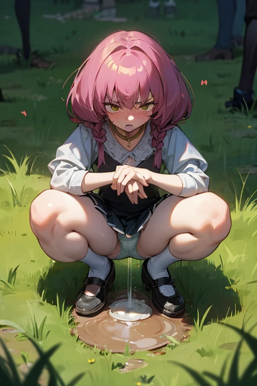(masterpiece, highest quality), Intricate details, One girl, Squat, Embarrassing, anger, Glare, Blushing,incontinence,Thin yellow liquid spurting out from under the legs,A thin yellow puddle at my feet,In the grass,Yellow stains on underwear,Urinating,Wearing shoes,Alley