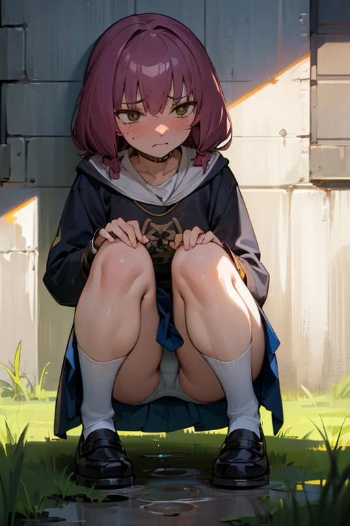 (masterpiece, highest quality), Intricate details, One girl, Squat, Embarrassing, anger, Glare, Blushing,incontinence,Thin yellow liquid spurting out from under the legs,A thin yellow puddle at my feet,In the grass,Yellow stains on underwear,Urinating,Wearing shoes,Alley