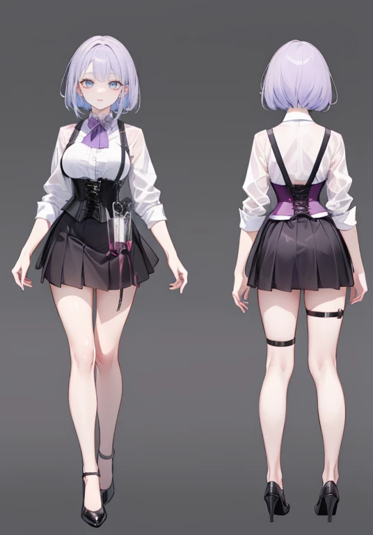 Purple hair,Short hair,Adult female,Bartender,((Body harness)),((Rolling up your sleeves shirt)),(Corset),(Skirt),High heels,((Simple background)),Smile,((Full body)),((whole body)),Character Sheet,