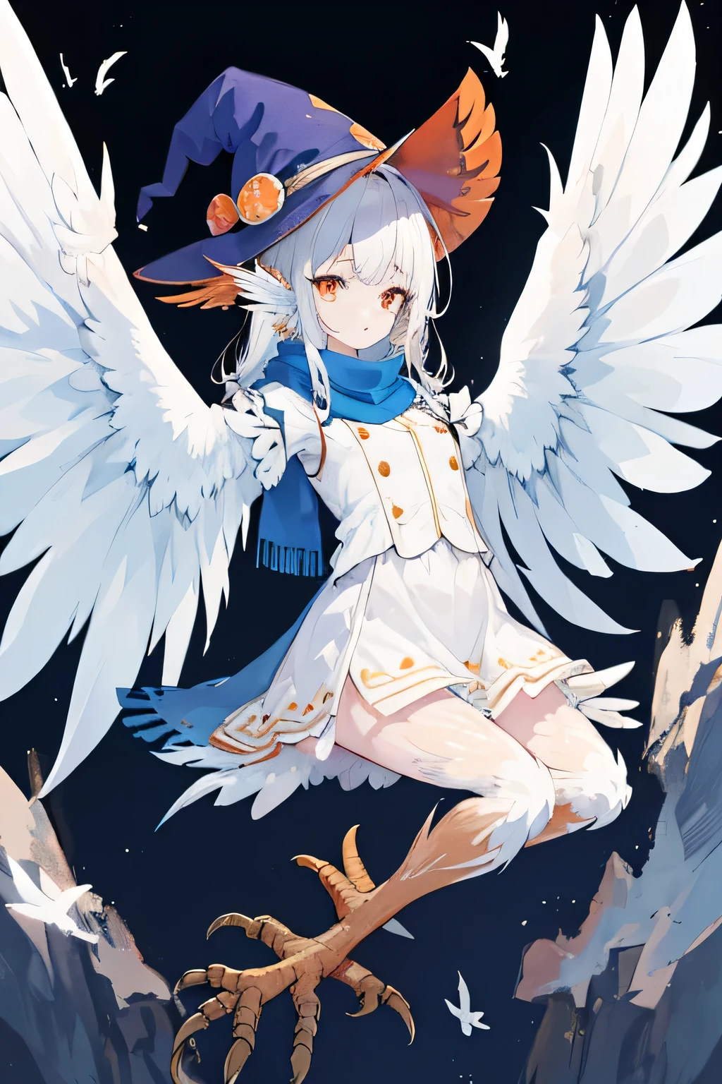 ((harpy winged arms:1.4)),white,blunt cut ,orange eyes,blue scarf,witch hat,white feather,Lolli