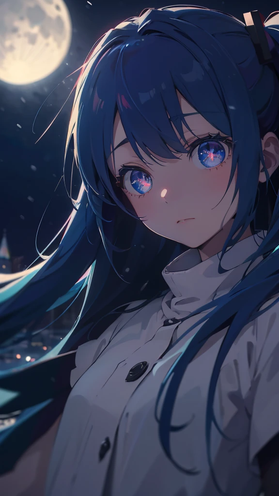 (masterpiece、highest quality)、1 girl ,Grim expression、hatsunemiku,Warm lighting、 Blurred foreground、Deep in the night、High Contrast、Twin tails,blue gem eyes,Blue Hair,night,snowing,Heavy snowfall,winter,Alone in the vast snowy field,whole body,curse,Looking at me,Huge construction,moon,whole body,shine,bright,Sad expression,whole body,sad face, blizzard