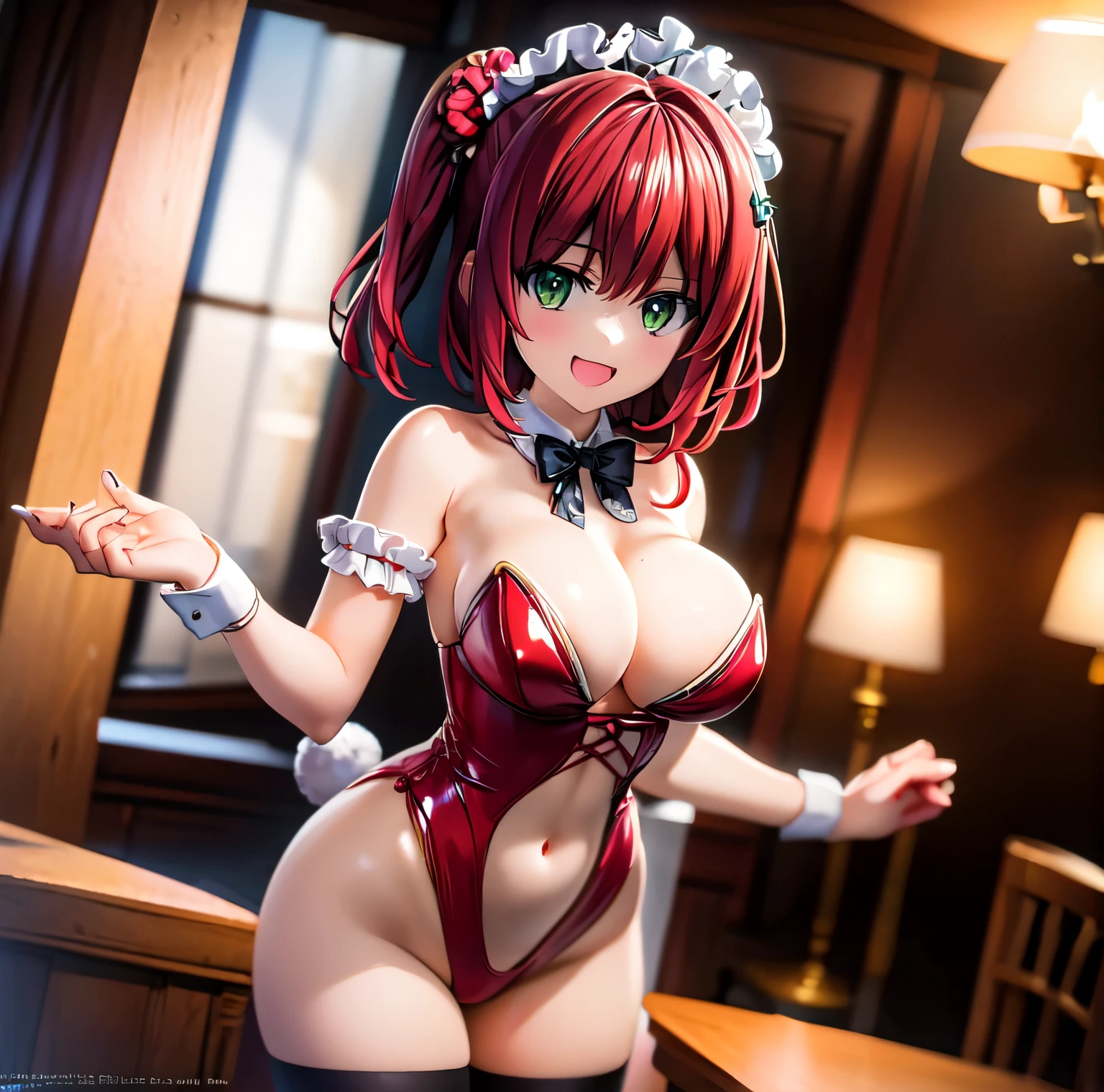 best quality, masterpiece, extremely detailed CG, official art , professional lighting, sakimiyairuka, red hair, green eyes,(one side up), medium hair, side ponytail, green scrunchie, hair ornament, shiny skin, smile, bunny, black pantyhoowtie, wrist cuffs, casino