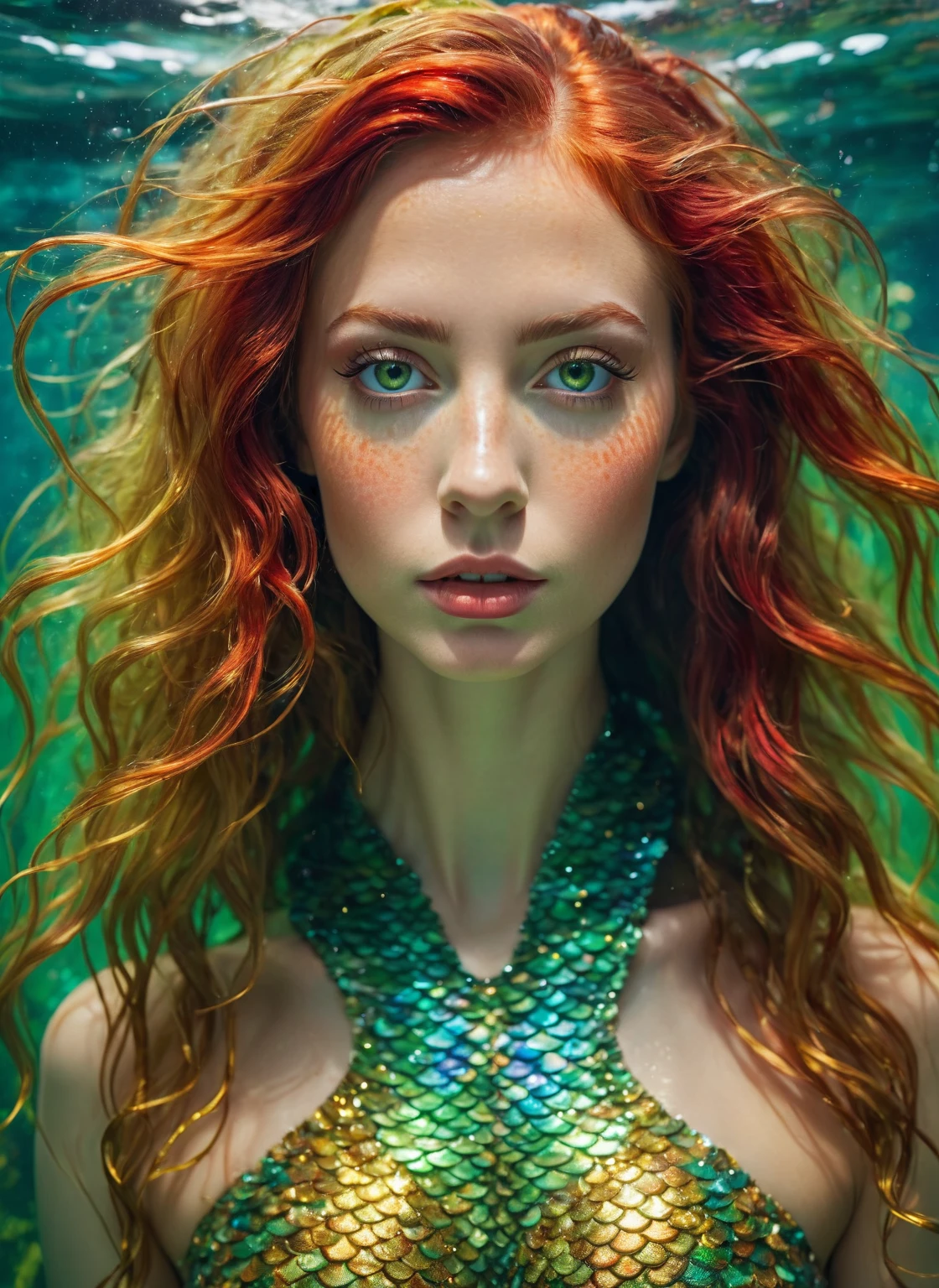 Frontal portrait of an extravagant and colorful woman who resembles a mermaid. Fair skin, young features, wide-open eyes and delicate freckles on the nose and cheeks. Vibrant, gravity-defying hair in shades of gold, green and red. Her hair transforms into aquatic flora, creating an underwater illusion. Small particles floating around the head contribute to the surreal theme of mysterious contemplation. professional color grading, soft shadows, no contrast, clean and sharp focus, film photography –q 2 –s 750; in the style of Andrew Atroshenko, Peter Gric, in neon colors, official art, best quality, highly detailed, dynamic, shiny, metallic, energy waves, explosions, lights.