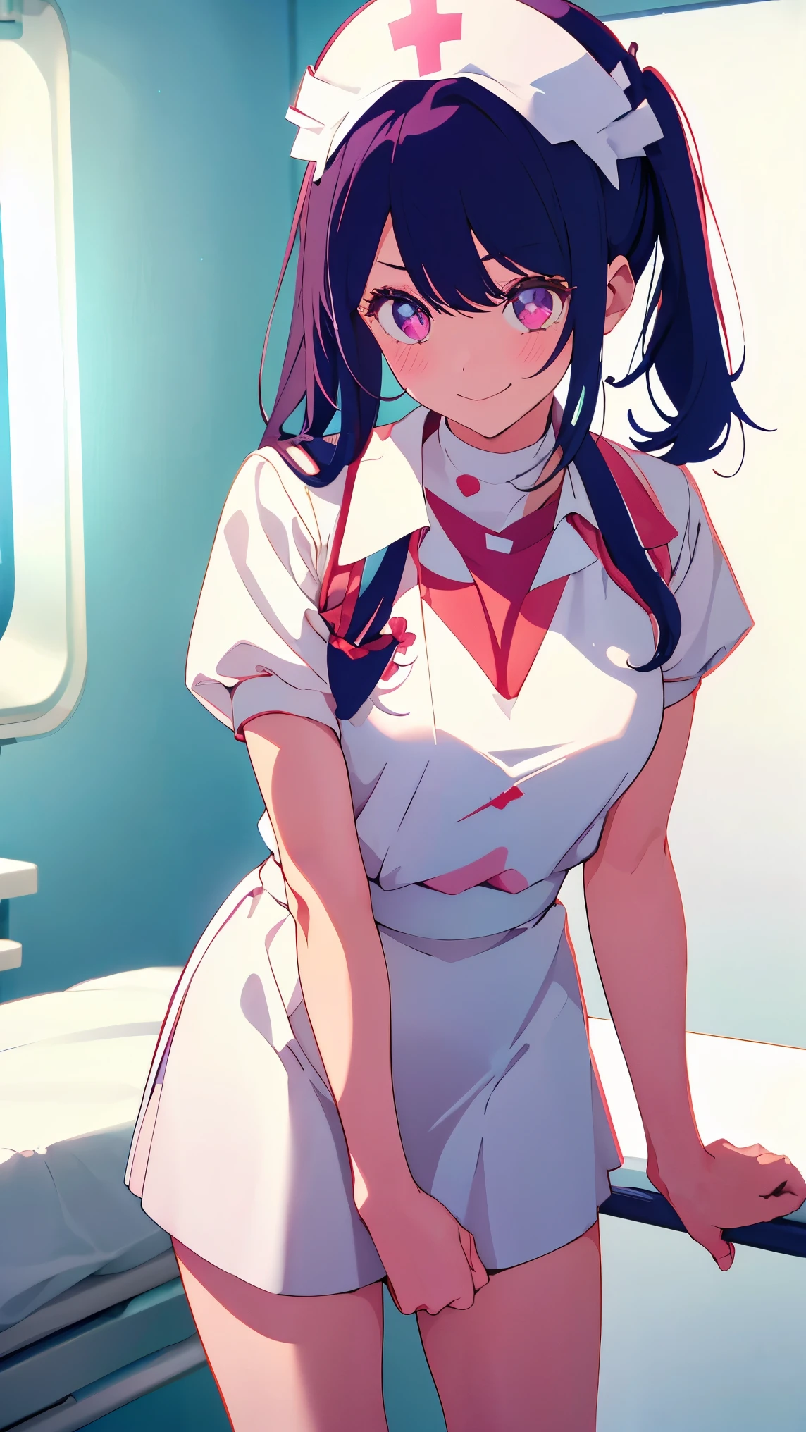 Girl1,Nurse, wearing white, ((nurse cap,white legs, Zetai Ryuki)), white gloves, bending forward, evil smile, blush, standing, ((hospital room)), short sleeves,Eyes droop,Sharp outline,super detail,high quality,high details,best quality,1080P