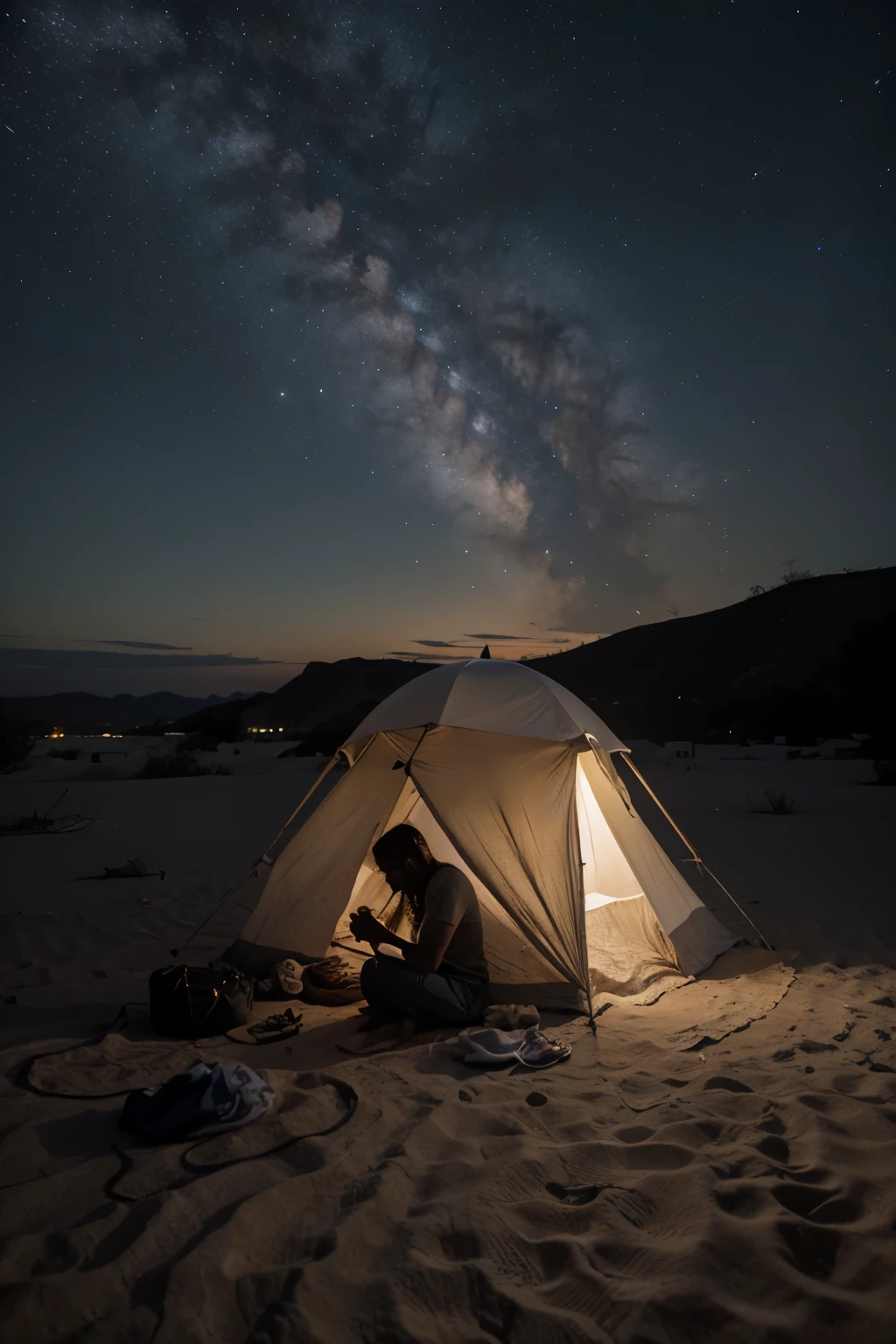 Crie uma imagem apartir do texto.

EM UM DESERTO A NOITE, COM ESTRELAS E LUA.
UMA FOGUEIRA; UMA TENDA; TRONCO PRA SE SENTAR, UMA MULHER, JESUS E UM HOMEM AJOELHADO COM O ROSTO NA AREIA