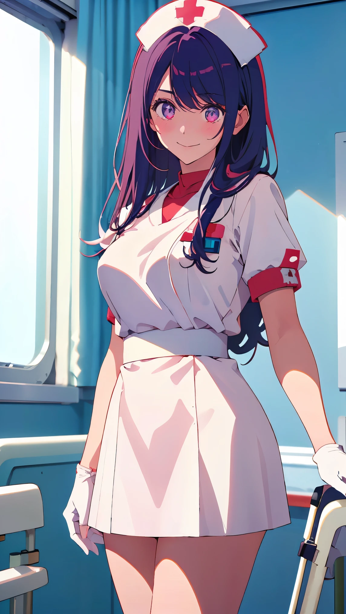 Girl1,Nurse, wearing white, ((nurse cap,white legs, Zetai Ryuki)), white gloves, bending forward, evil smile, blush, standing, ((hospital room)), short sleeves,Eyes droop,Sharp outline,super detail,high quality,high details,best quality,1080P