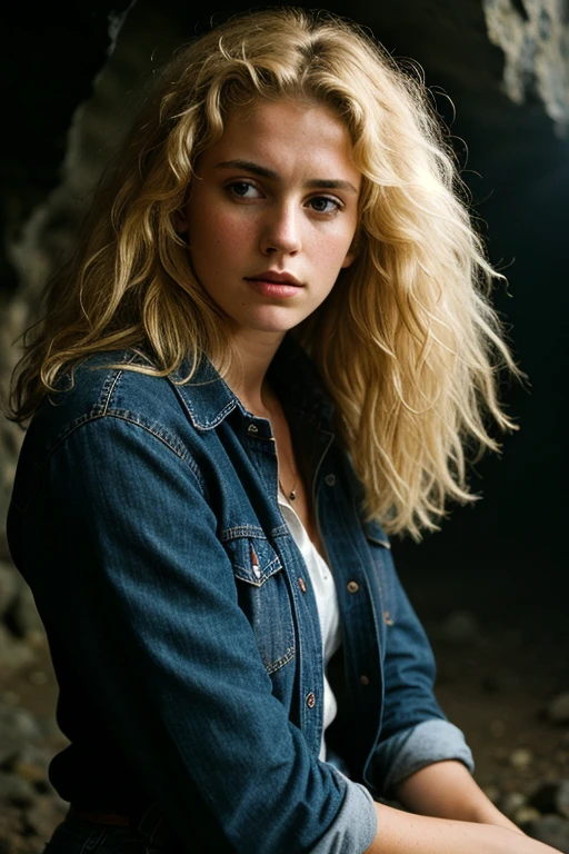 photograph of a woman, (troubled facial expression), textured skin, goosebumps, blonde afro hair, plaid flannel shirt with distressed boyfriend jeans, cowboy shot, dark and mysterious cave with unique rock formations and hidden wonders, perfect eyes, (candlelight,chiaroscuro), Porta 160 color, shot on ARRI ALEXA 65, bokeh, sharp focus on subject, shot by Don McCullin